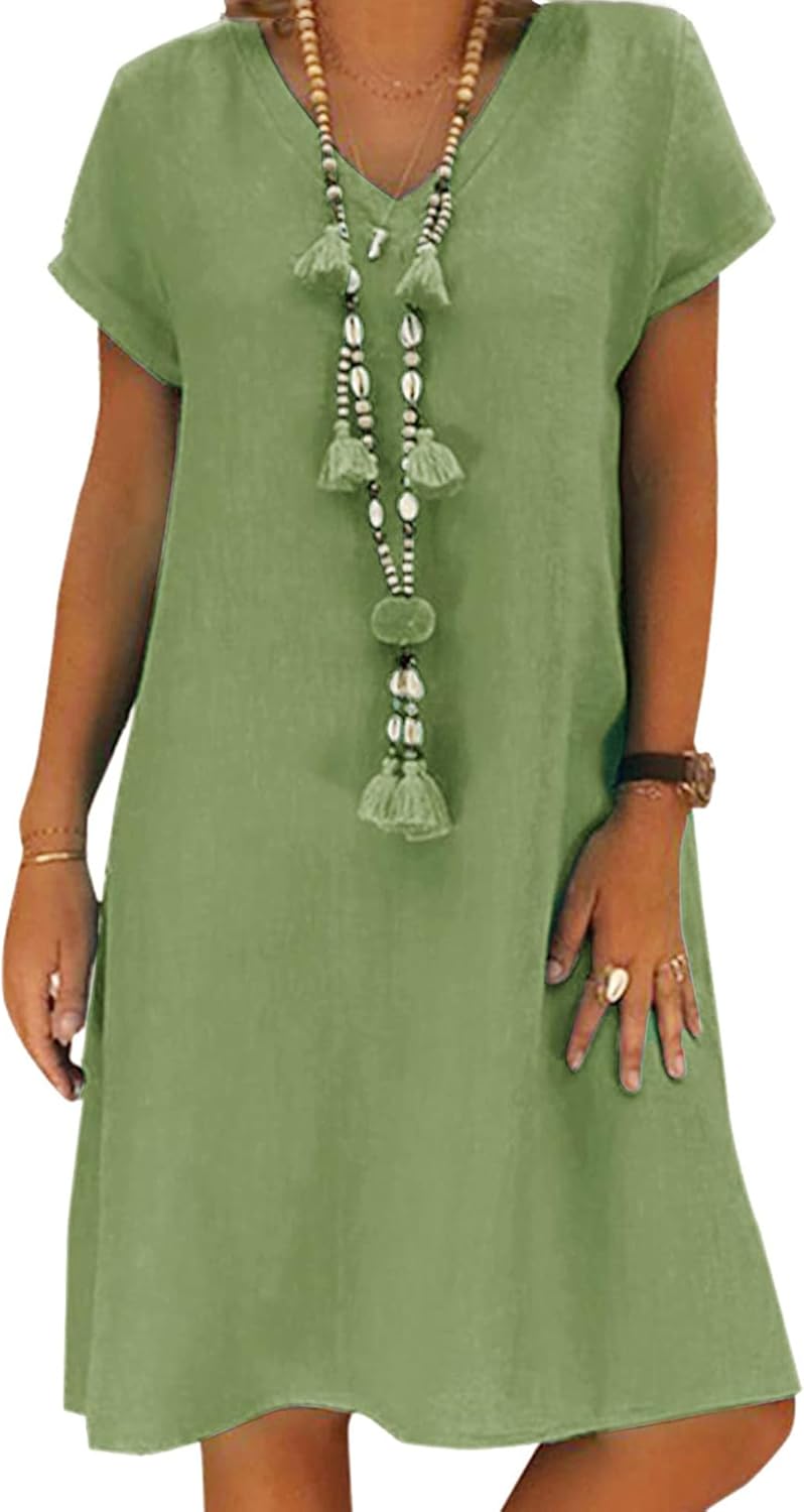 Women's Green Cotton Linen Knee-Length Summer Beach Dress with Pockets