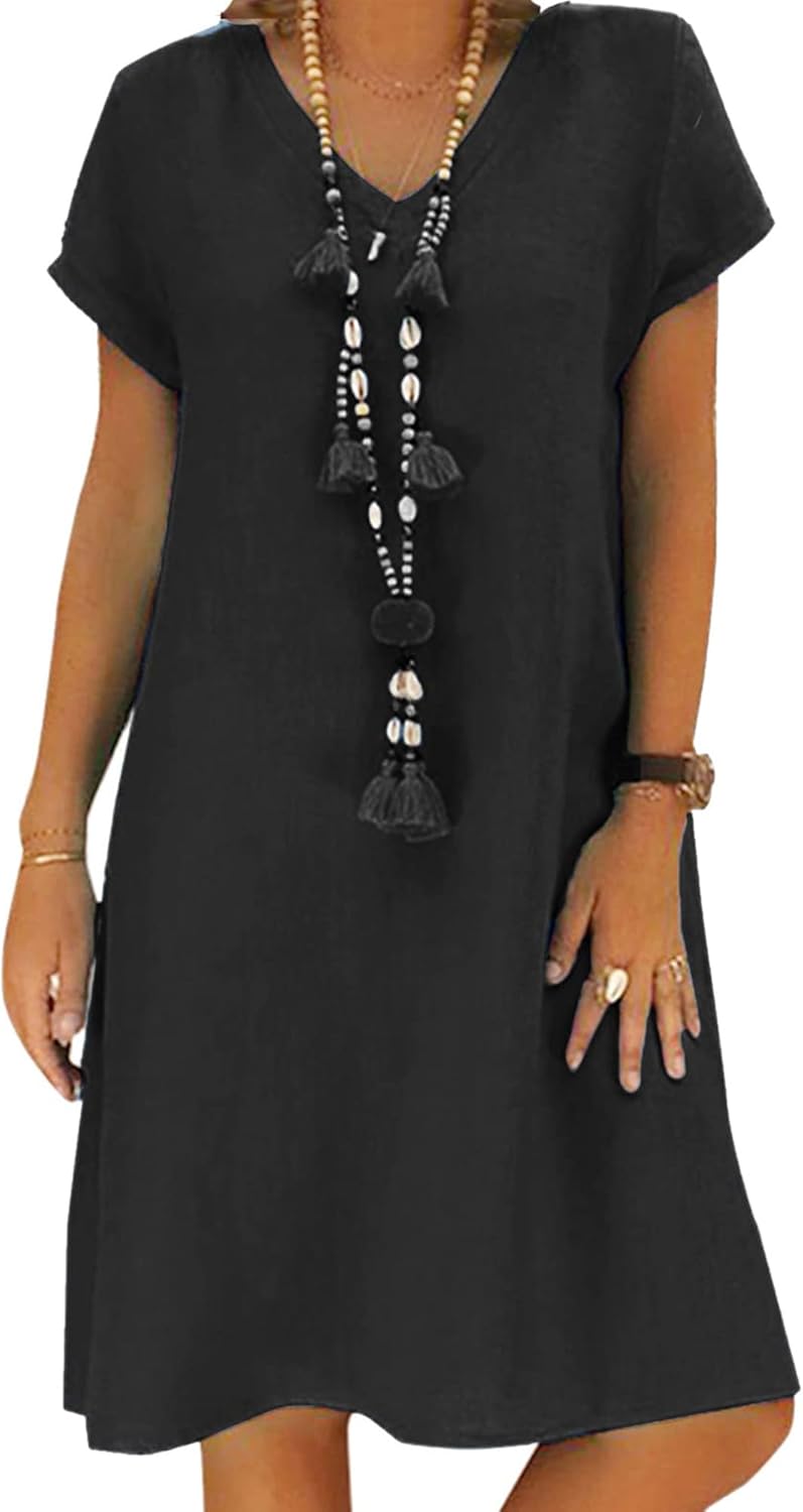Women's Green Cotton Linen Knee-Length Summer Beach Dress with Pockets