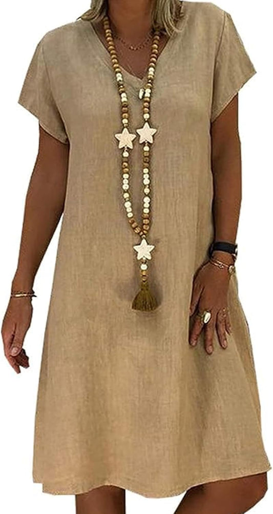 Women's Green Cotton Linen Knee-Length Summer Beach Dress with Pockets